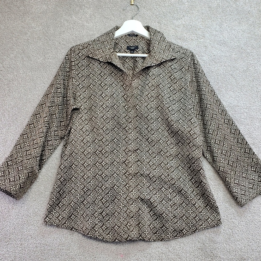 Talbots Petites Button Down Shirt Brown Geometric ‎ Wrinkle Resistant Size 12P